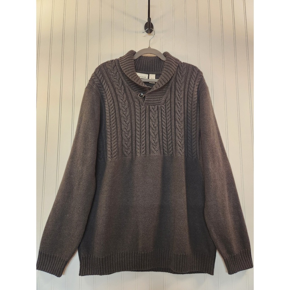 DKNY Mens XL Gray Cable Knit Shawl‎ Collar Button Pullover Sweater Cotton Cozy